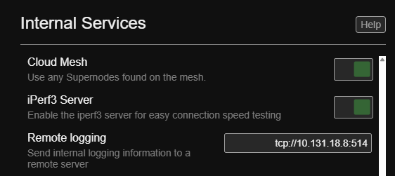 Internal Services settings with Remote logging option